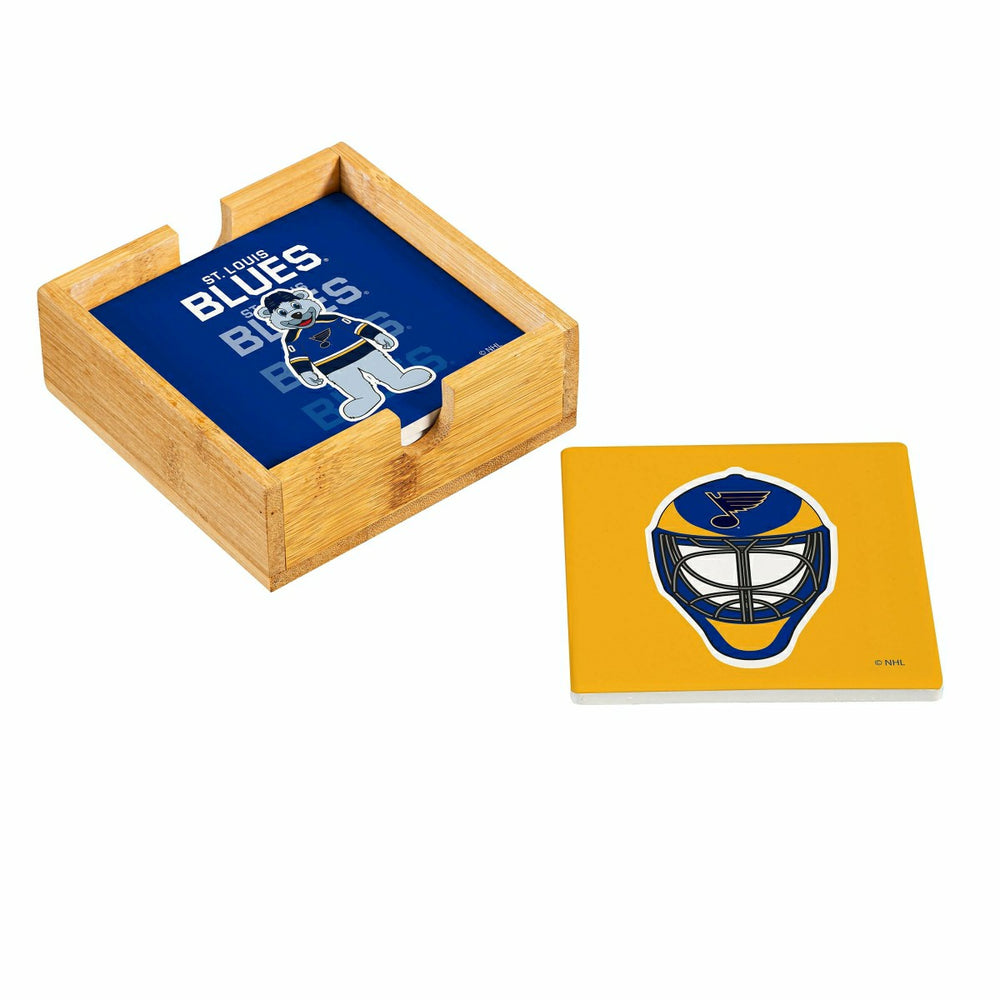 St Louis Blues Ceramic Coasters Set, 4pcs with Wood Caddy - NHL Home