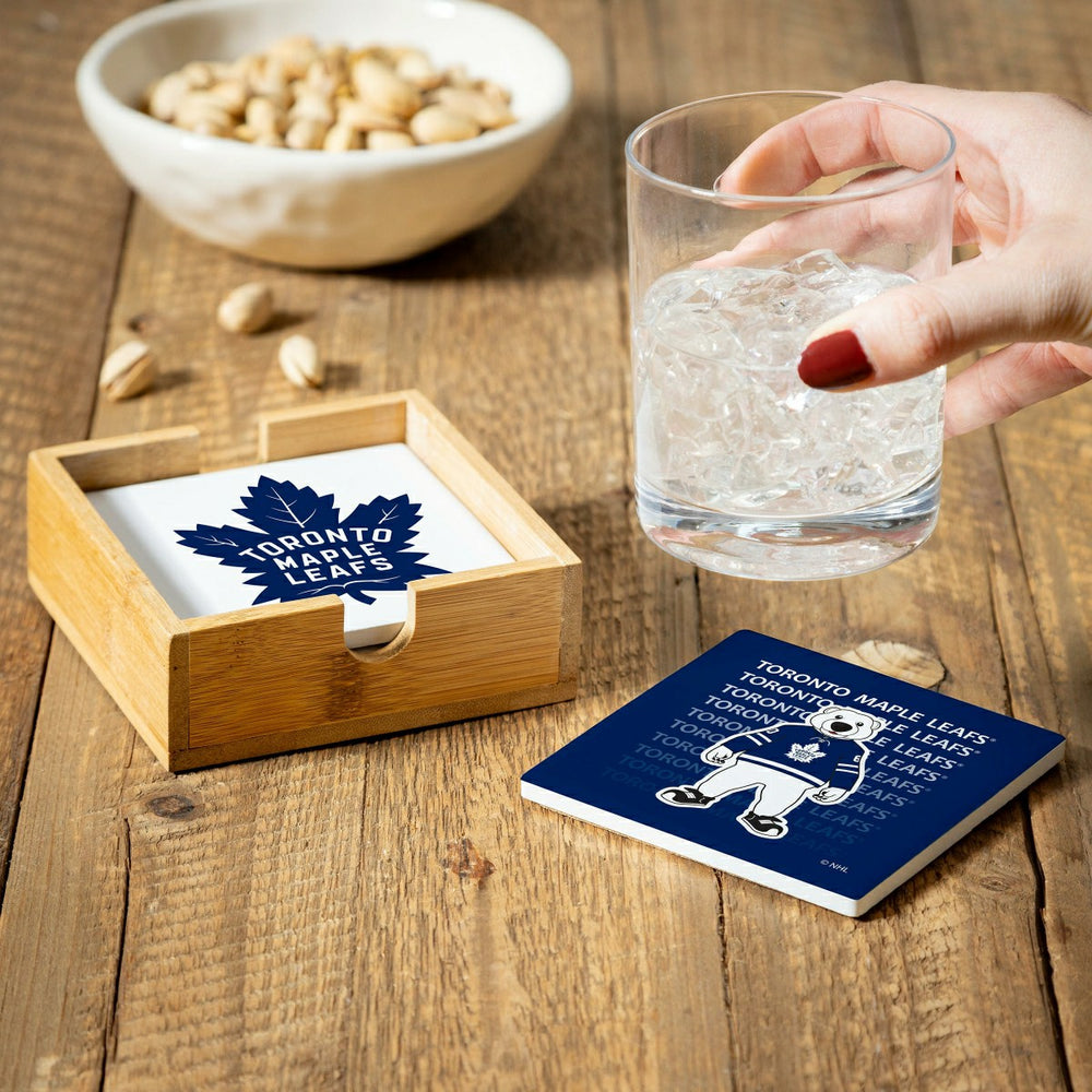 Toronto Maple Leafs Ceramic Coasters Set, 4pcs with Wood Caddy - NHL Home