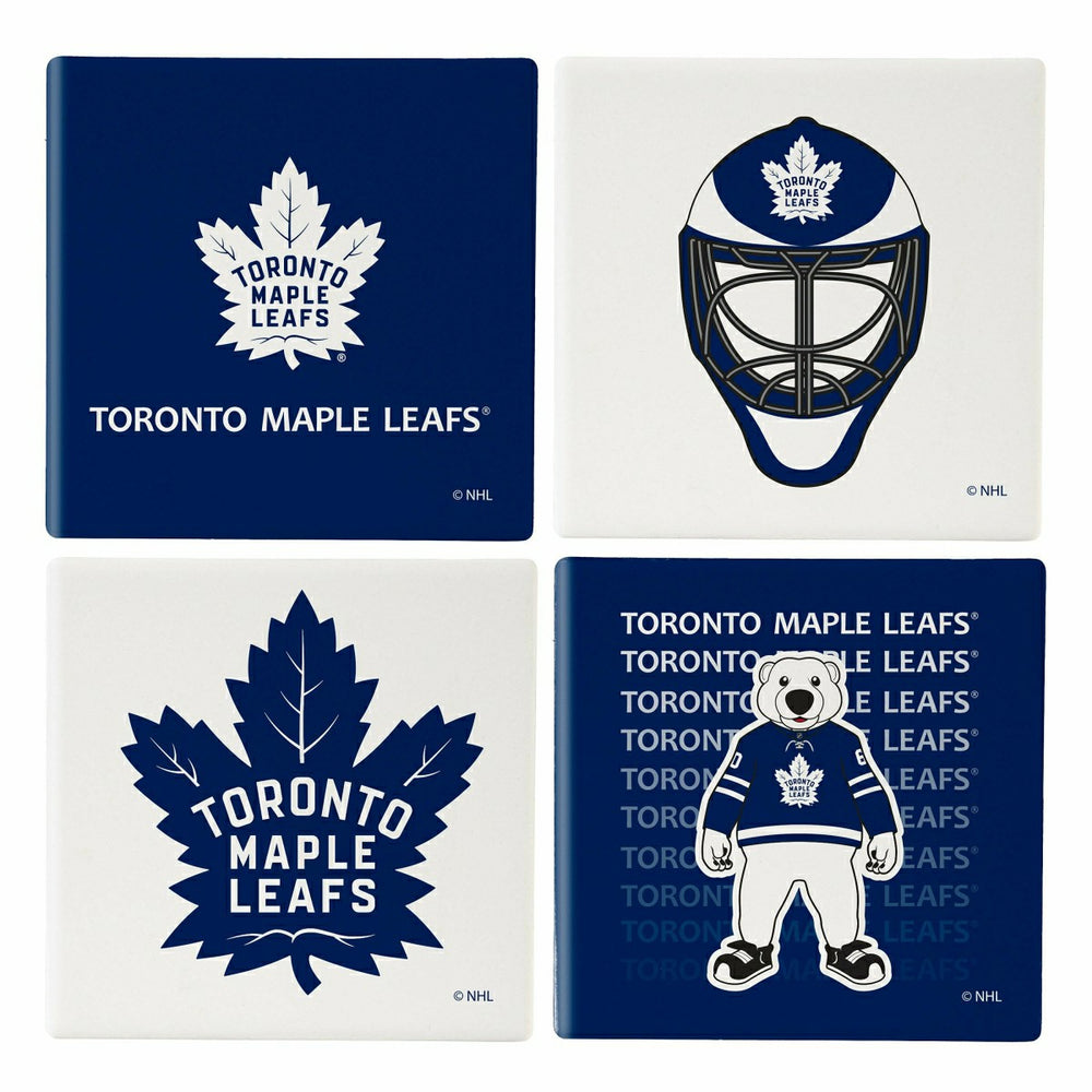 Toronto Maple Leafs Ceramic Coasters Set, 4pcs with Wood Caddy - NHL Home