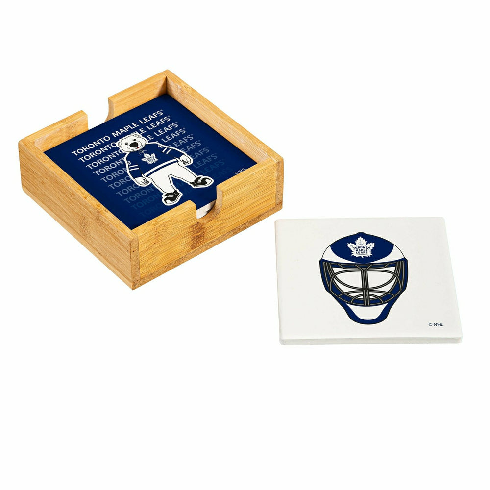 Toronto Maple Leafs Ceramic Coasters Set, 4pcs with Wood Caddy - NHL Home