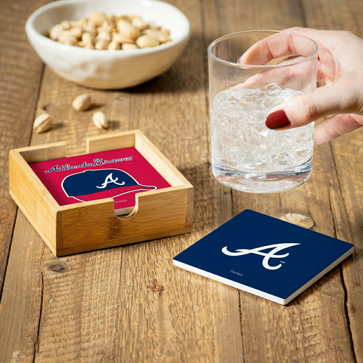 Atlanta Braves Ceramic Coasters Set, 4pcs with Wood Caddy - MLB Home