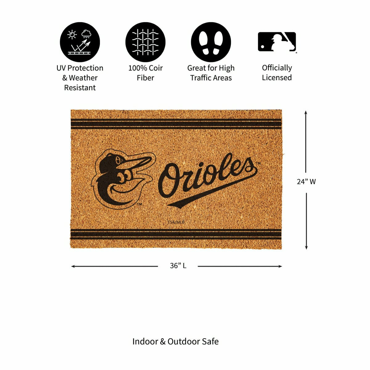 Baltimore Orioles Large One Color Coir Mat, 36"x24" - MLB