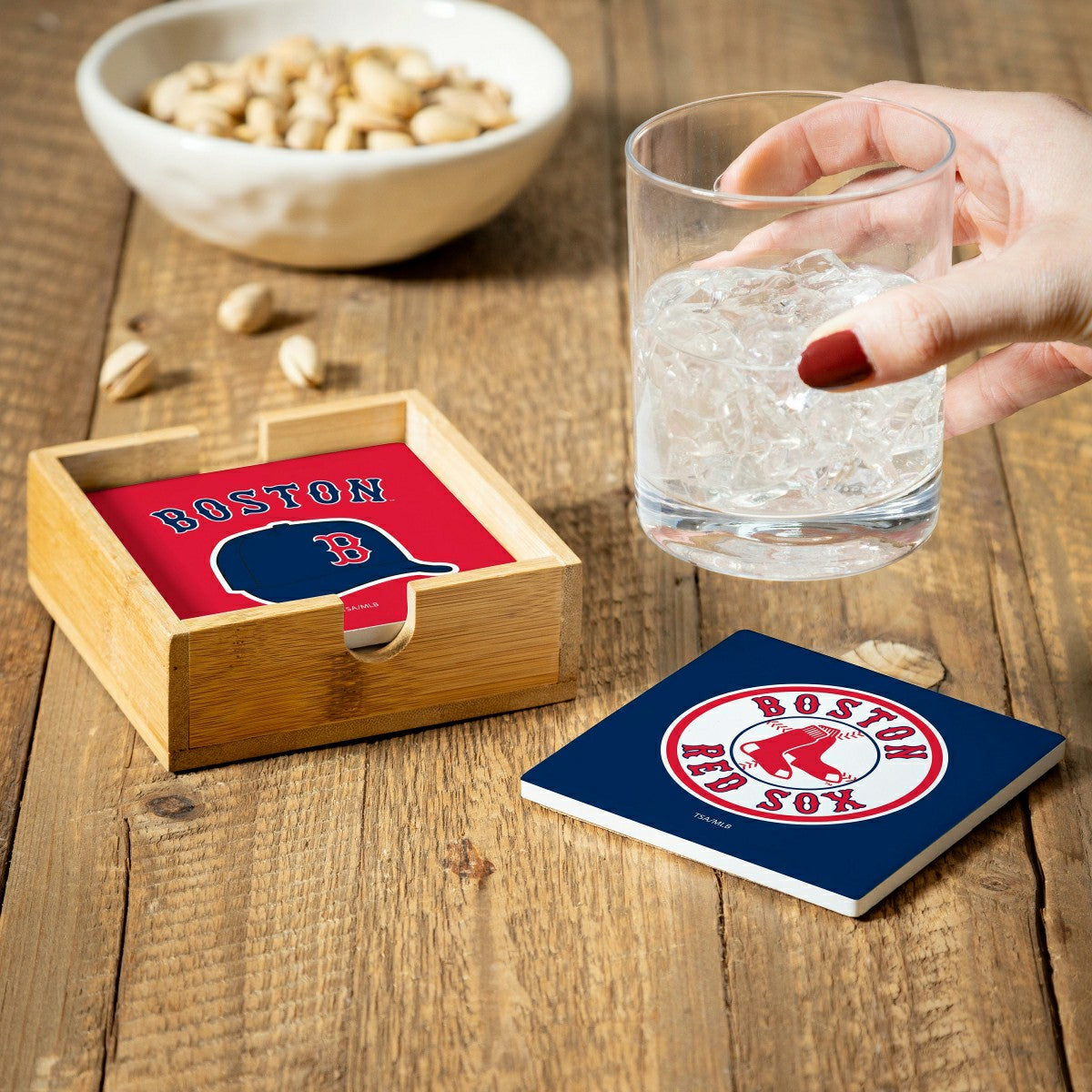 Boston Red Sox Ceramic Coasters Set, 4pcs with Wood Caddy - MLB Home