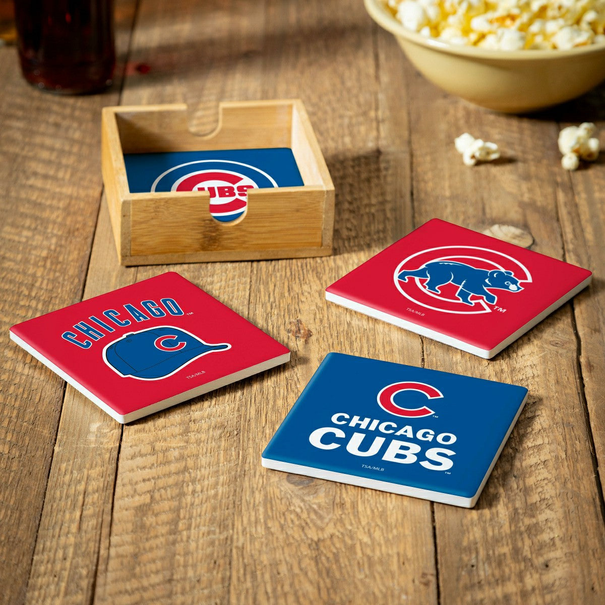 Chicago Cubs Ceramic Coasters Set, 4pcs with Wood Caddy - MLB Home