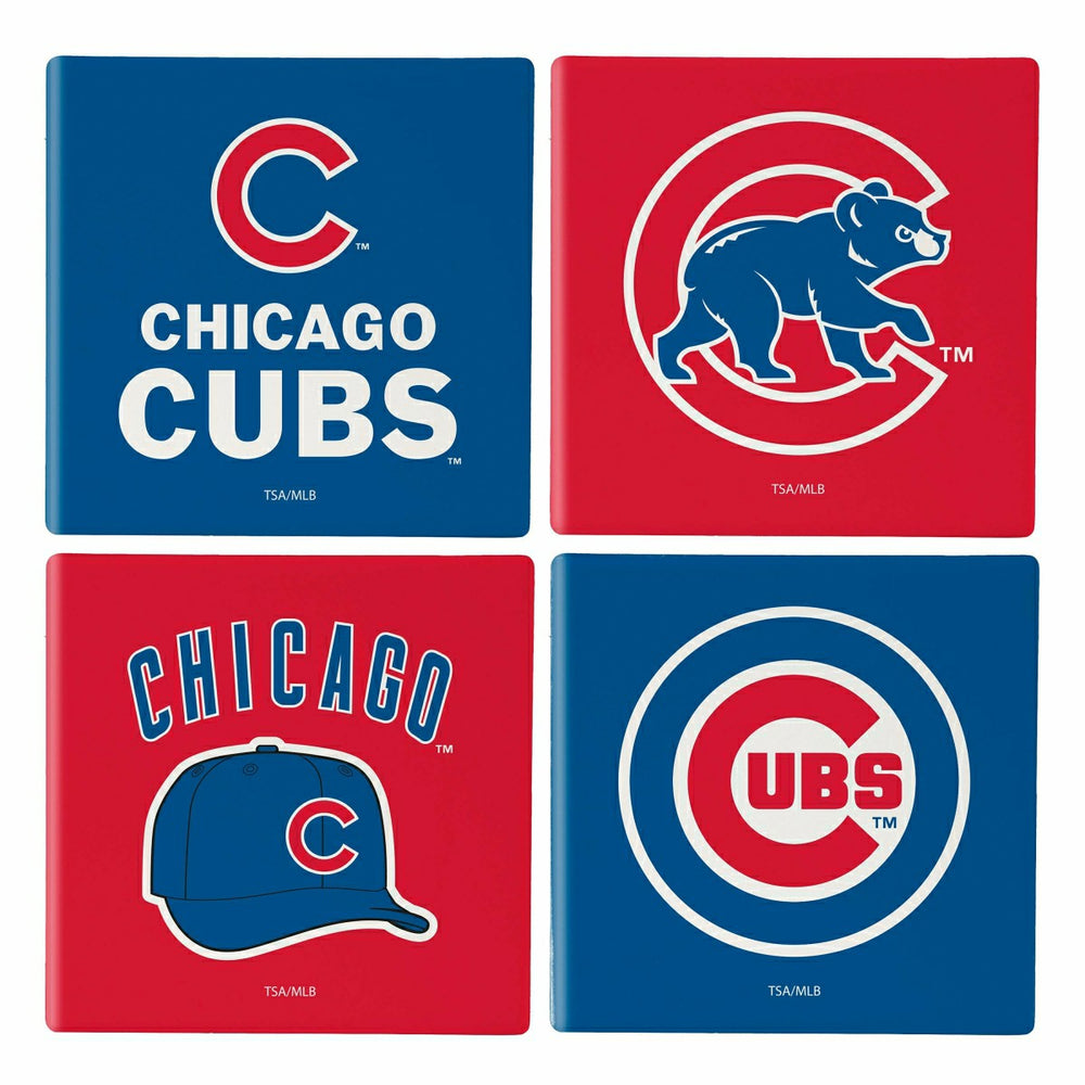 Chicago Cubs Ceramic Coasters Set, 4pcs with Wood Caddy - MLB Home