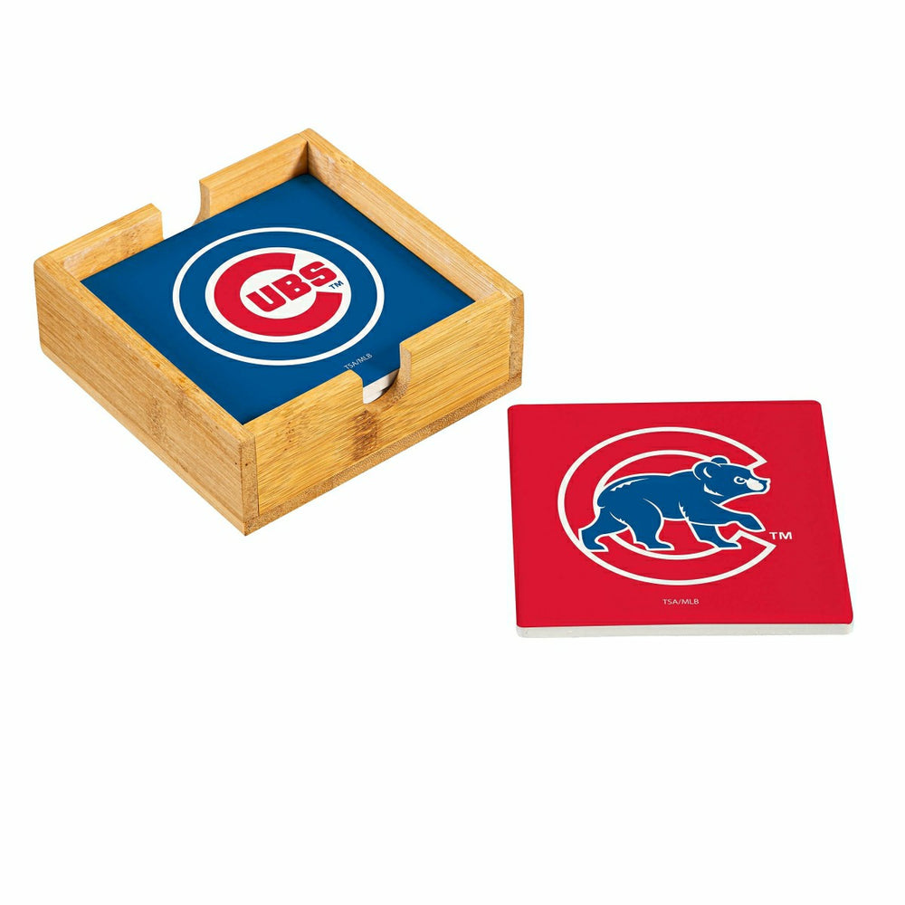 Chicago Cubs Ceramic Coasters Set, 4pcs with Wood Caddy - MLB Home