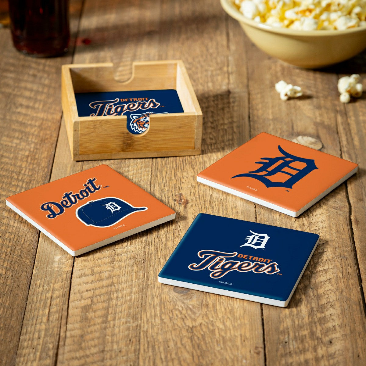 Detroit Tigers Ceramic Coasters Set, 4pcs with Wood Caddy - MLB Home