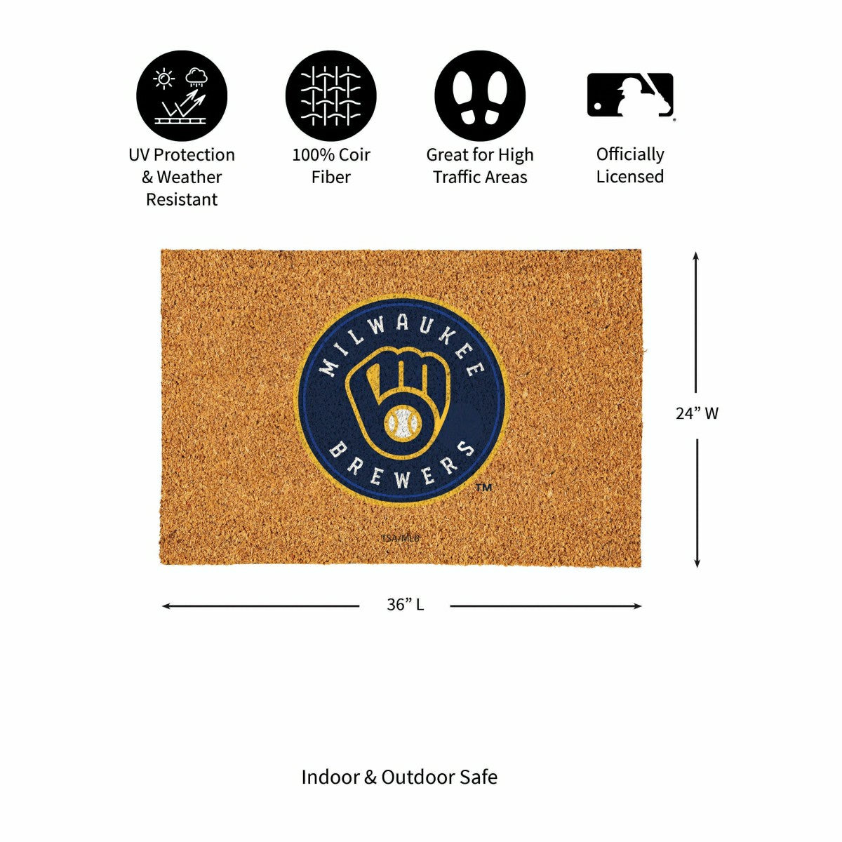 Milwaukee Brewers Large Full Color Coir Mat, 36"x24" - MLB