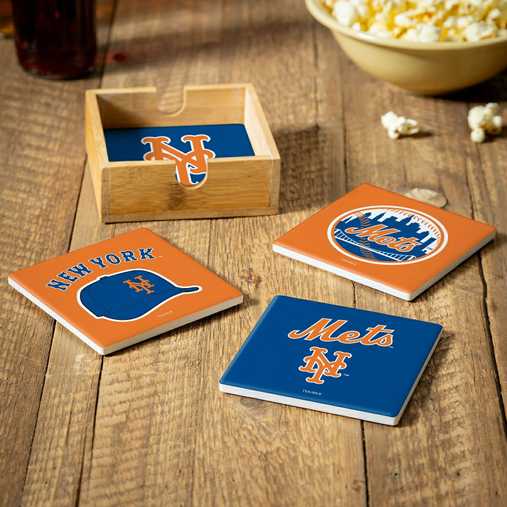 New York Mets Ceramic Coasters Set, 4pcs with Wood Caddy - MLB Home