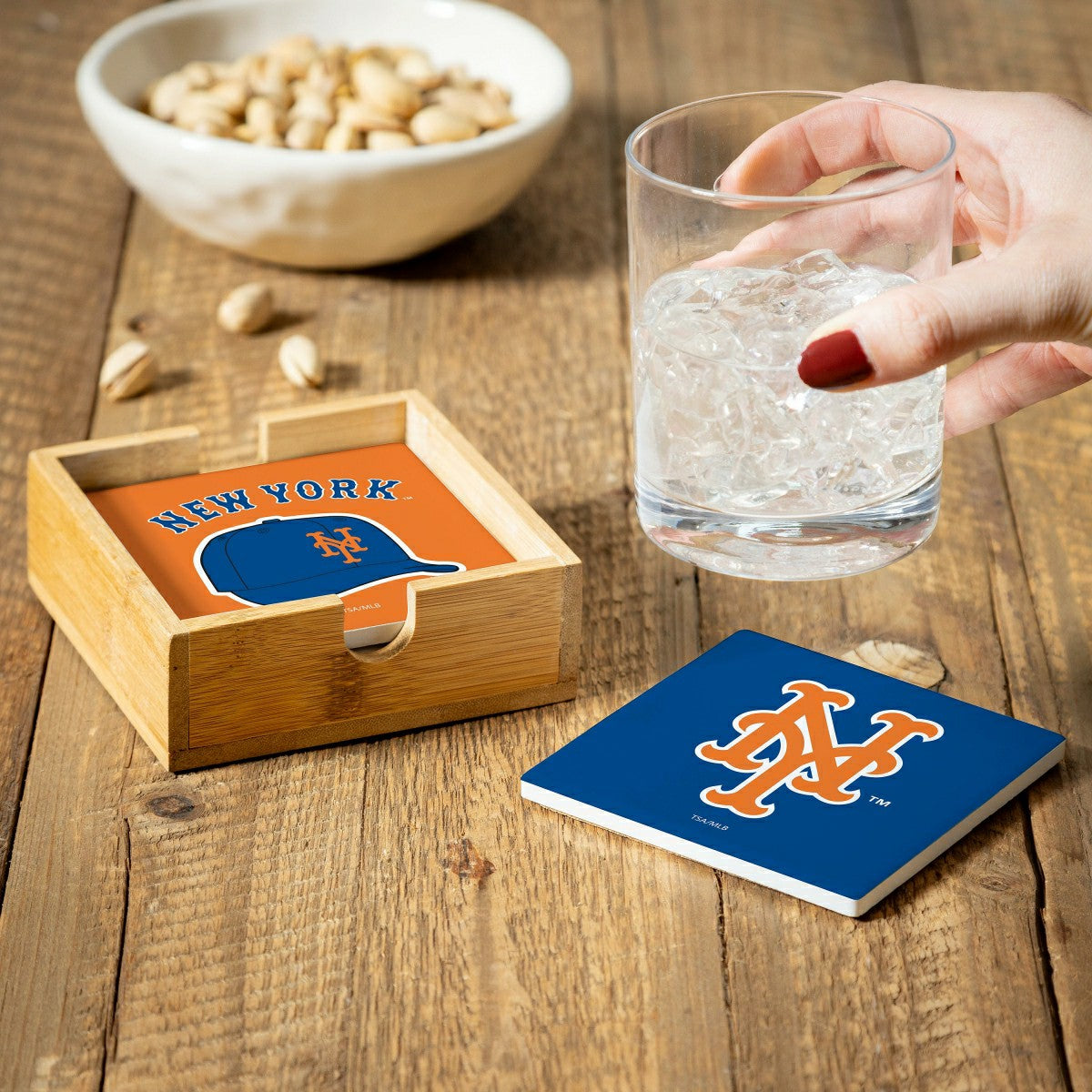 New York Mets Ceramic Coasters Set, 4pcs with Wood Caddy - MLB Home