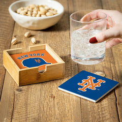 New York Mets Ceramic Coasters Set, 4pcs with Wood Caddy - MLB Home