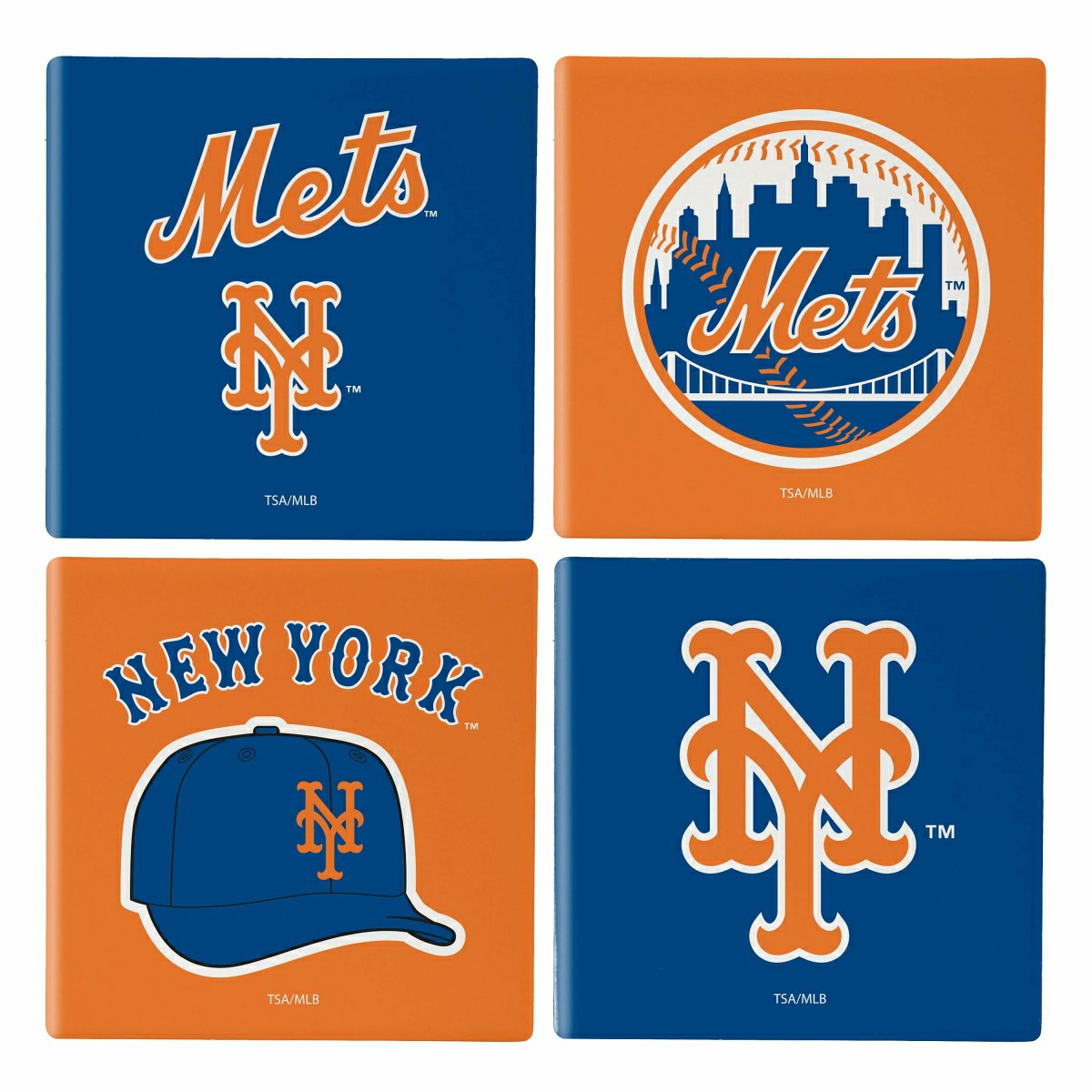 New York Mets Ceramic Coasters Set, 4pcs with Wood Caddy - MLB Home