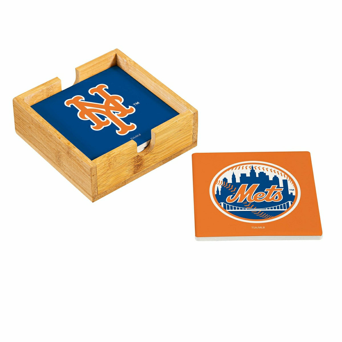 New York Mets Ceramic Coasters Set, 4pcs with Wood Caddy - MLB Home