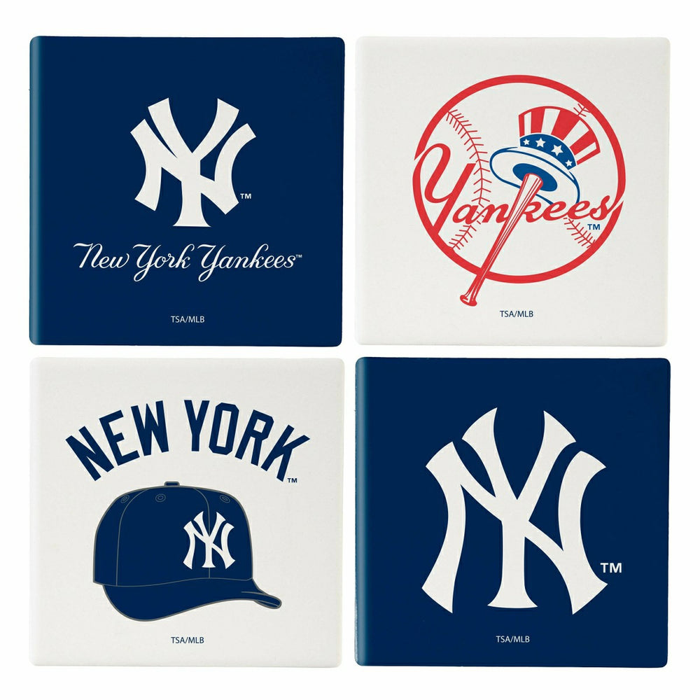 New York Yankees Ceramic Coasters Set, 4pcs with Wood Caddy - MLB Home