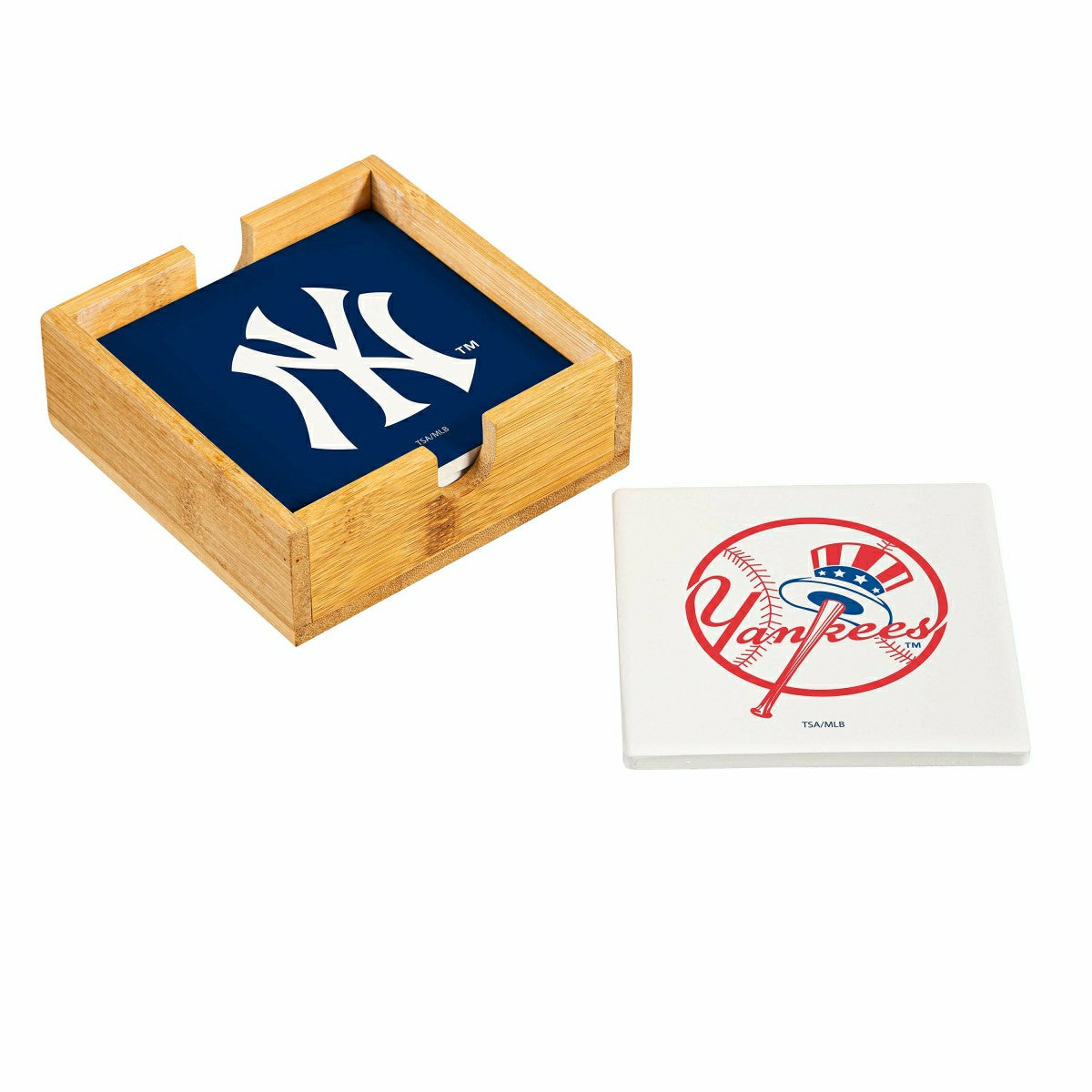 New York Yankees Ceramic Coasters Set, 4pcs with Wood Caddy - MLB Home