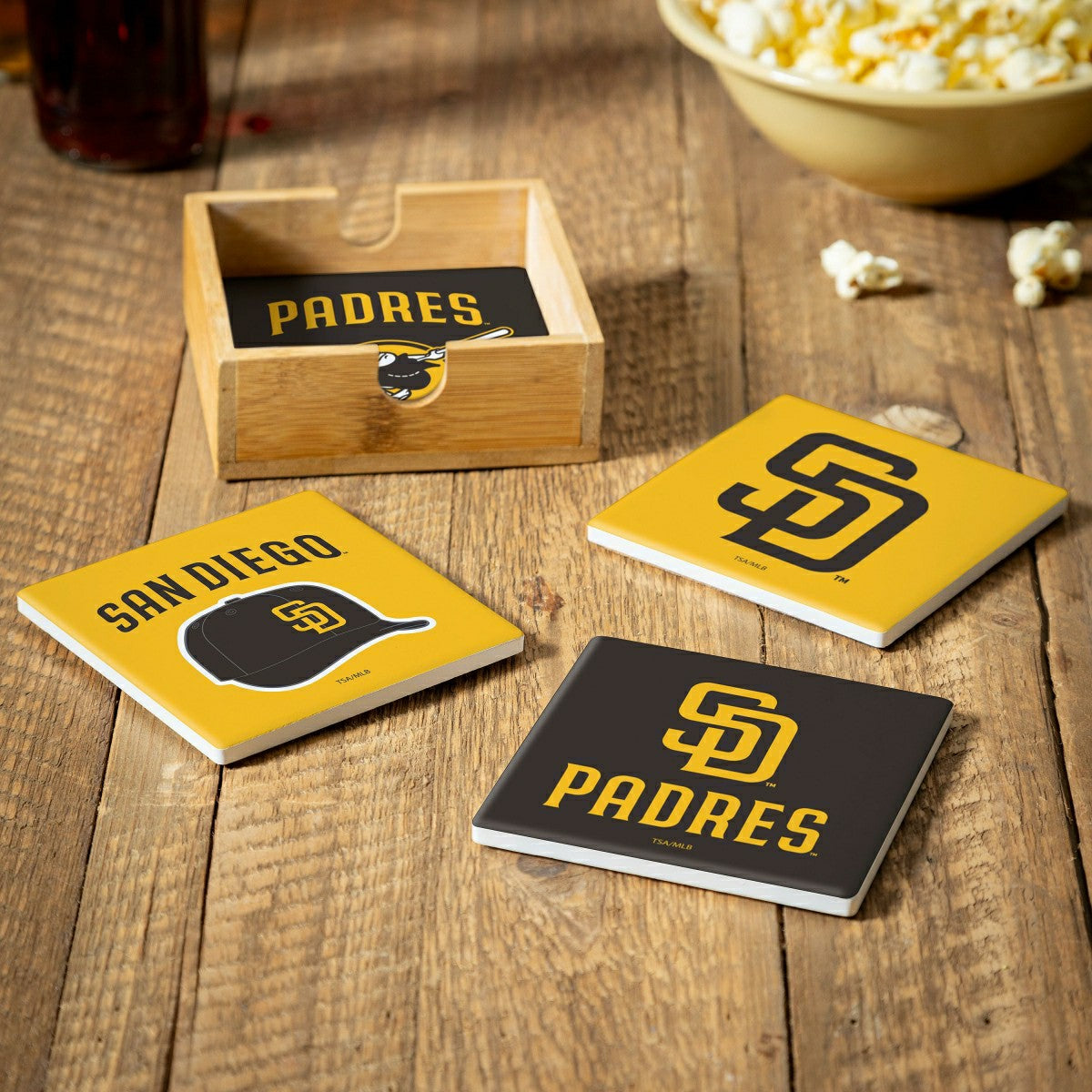 San Diego Padres Ceramic Coasters Set, 4pcs with Wood Caddy - MLB Home