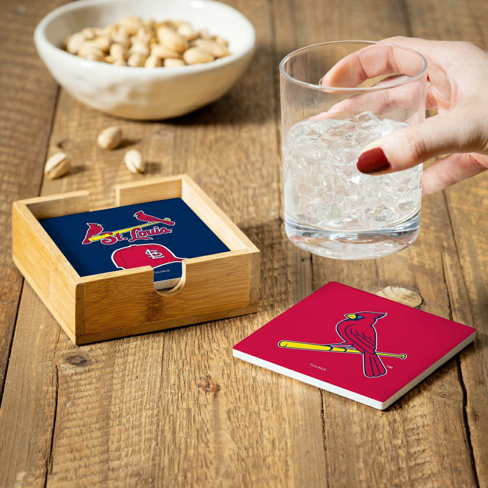 St Louis Cardinals Ceramic Coasters Set, 4pcs with Wood Caddy - MLB Home