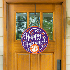 Clemson University Holiday Round Door Décor with Hanging Rope, 18x18 - Collegiate Home
