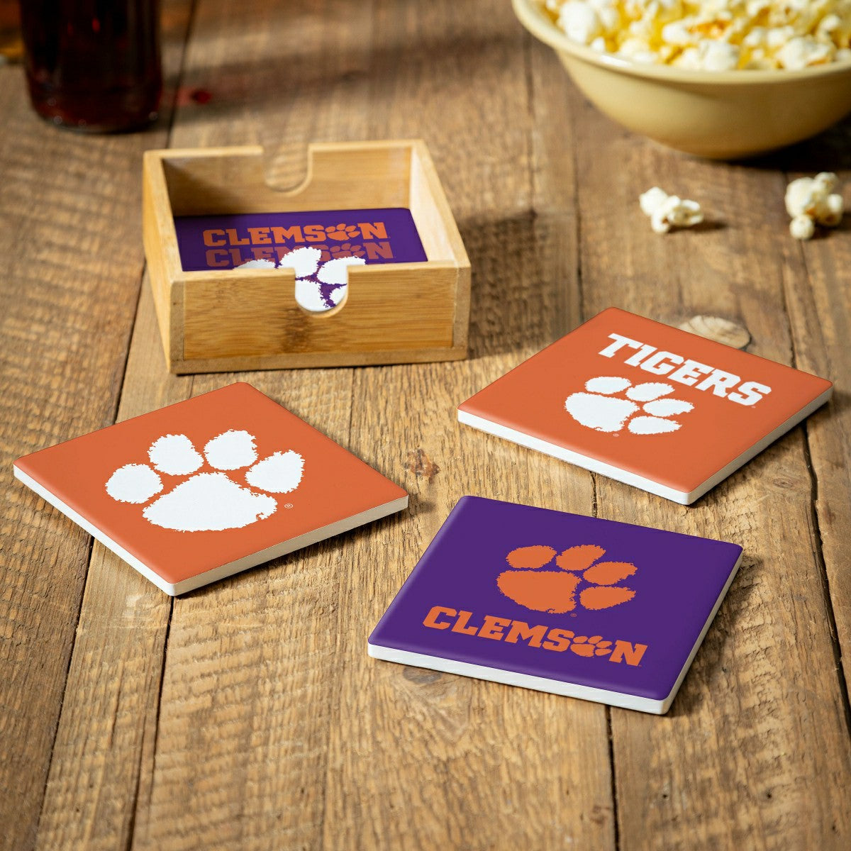 Clemson University Ceramic Coasters Set, 4pcs with Wood Caddy - Collegiate Home