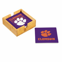 Clemson University Ceramic Coasters Set, 4pcs with Wood Caddy - Collegiate Home