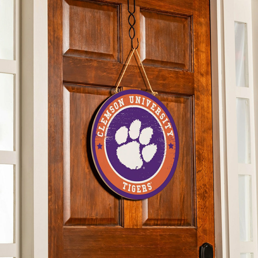 Clemson University Round Door Décor with Hanging Rope, 18x18 - Collegiate Home