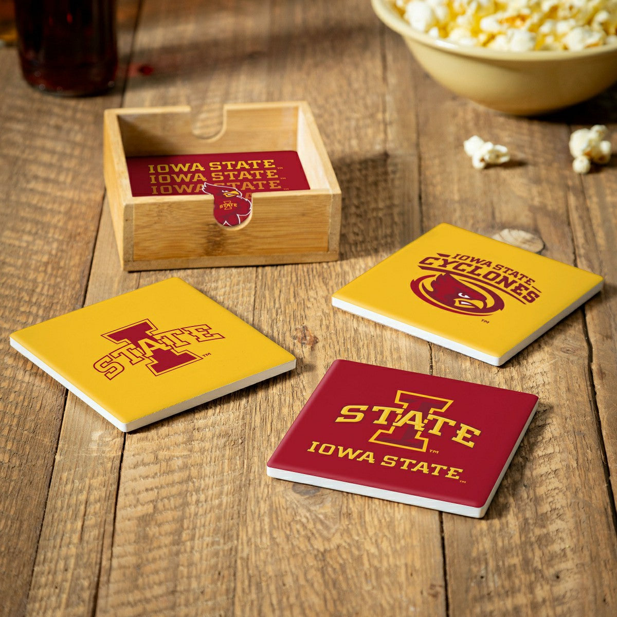 Iowa State University Ceramic Coasters Set, 4pcs with Wood Caddy - Collegiate Home