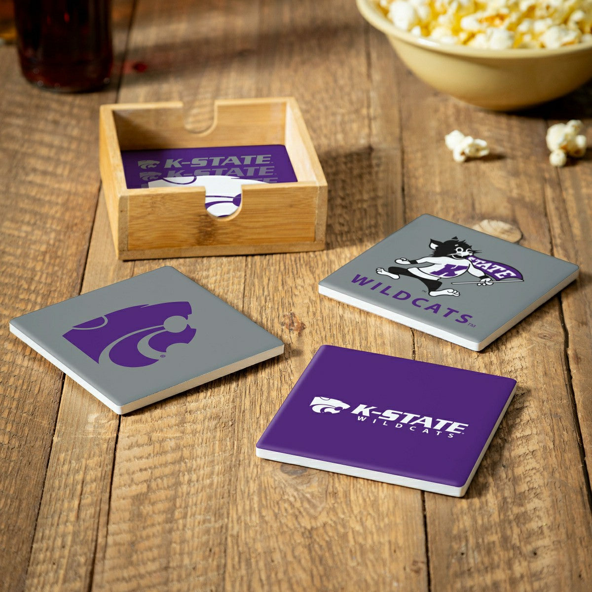Kansas State University Ceramic Coasters Set, 4pcs with Wood Caddy - Collegiate Home