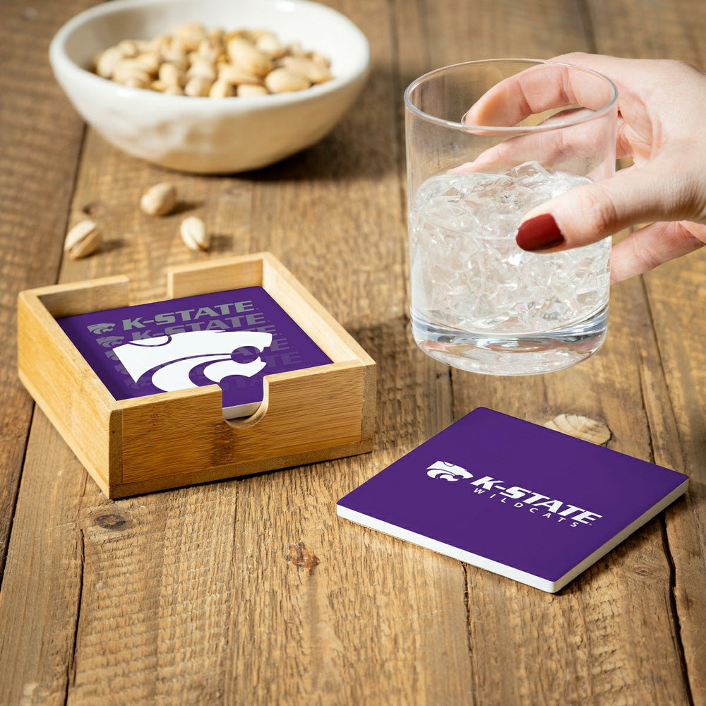 Kansas State University Ceramic Coasters Set, 4pcs with Wood Caddy - Collegiate Home
