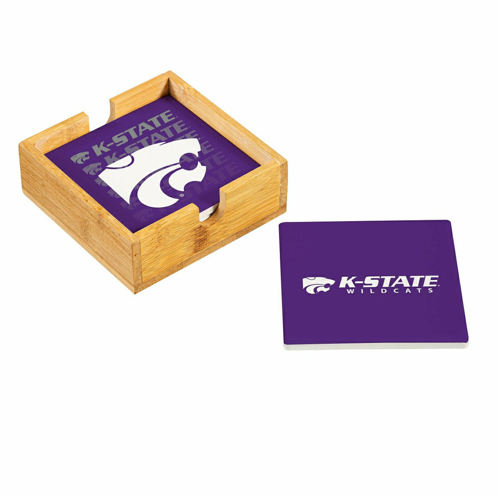 Kansas State University Ceramic Coasters Set, 4pcs with Wood Caddy - Collegiate Home