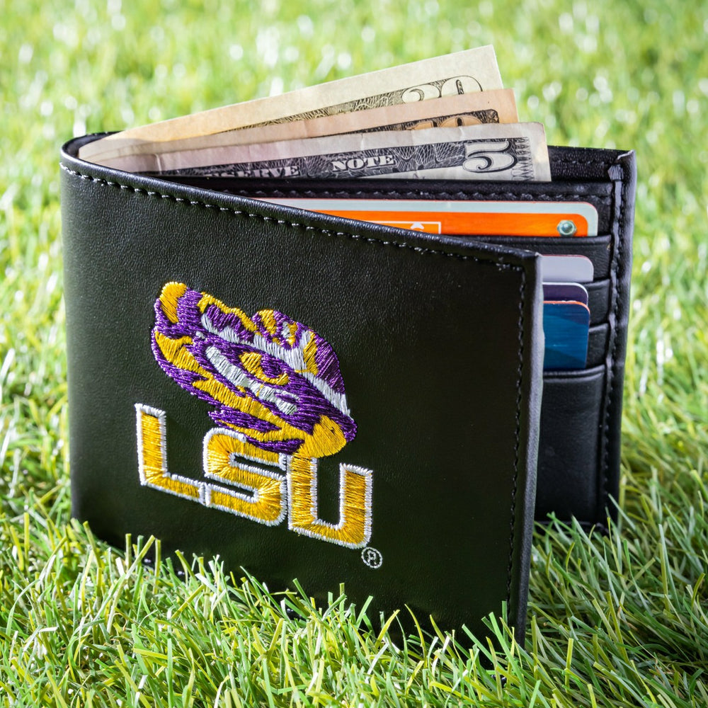 Louisiana State University Black Bi-Fold Embroidered Wallet w/ RFID Blocking - Collegiate Home