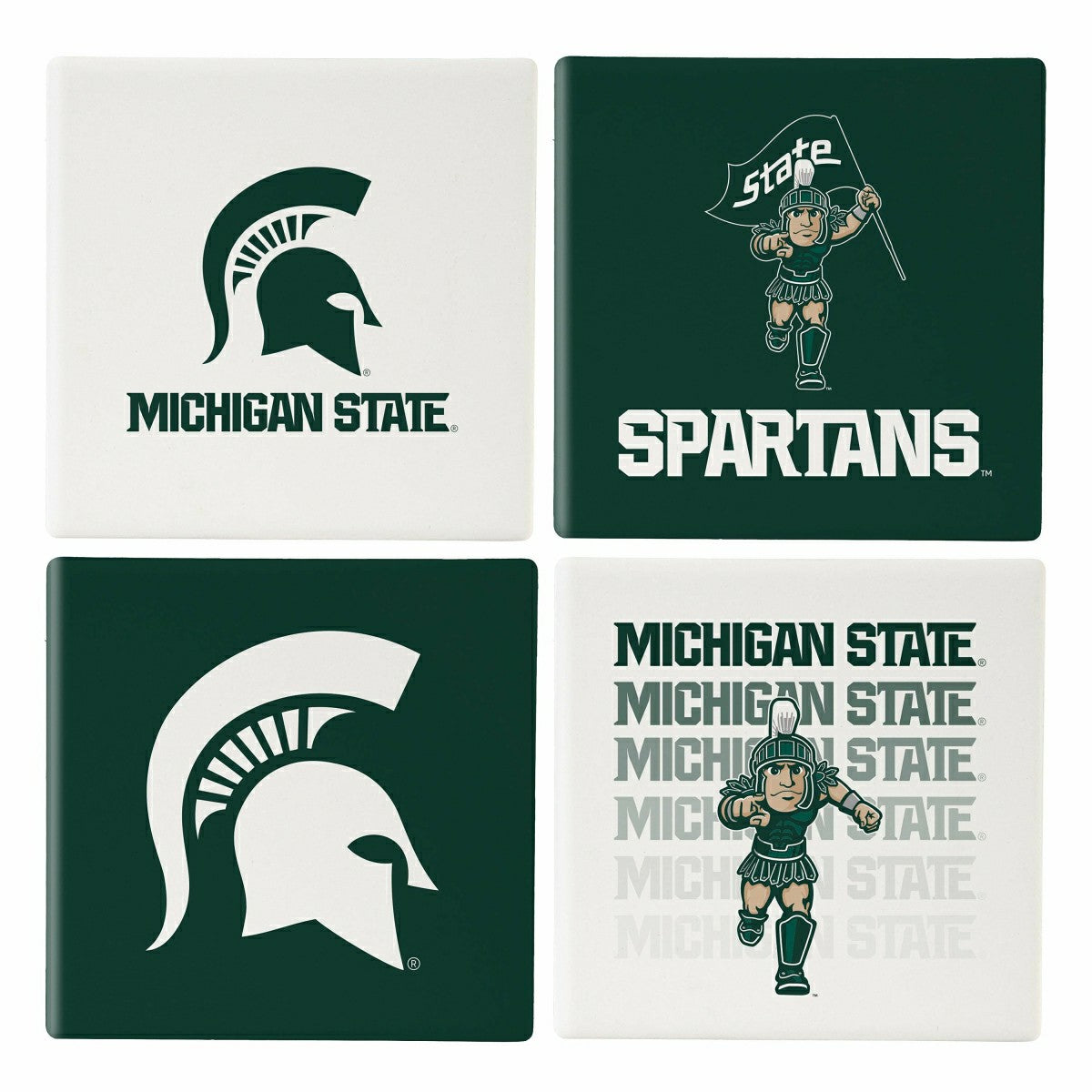 Michigan State University Ceramic Coasters Set, 4pcs with Wood Caddy - Collegiate Home