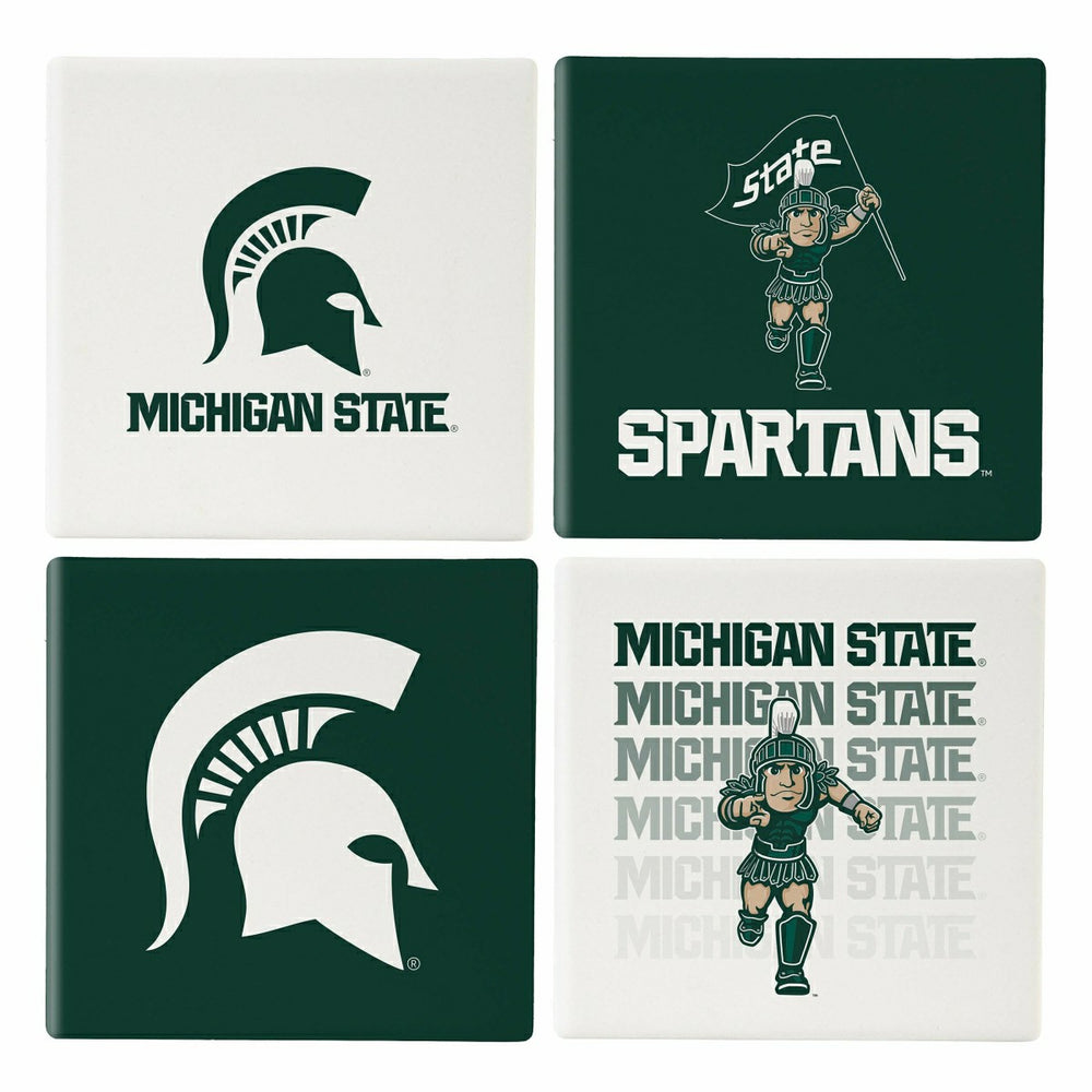 Michigan State University Ceramic Coasters Set, 4pcs with Wood Caddy - Collegiate Home
