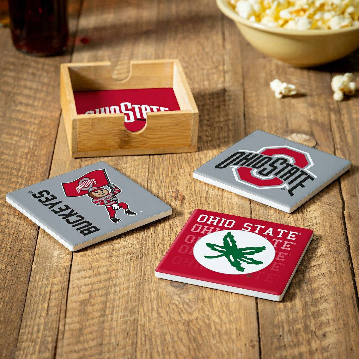 Ohio State University Ceramic Coasters Set, 4pcs with Wood Caddy - Collegiate