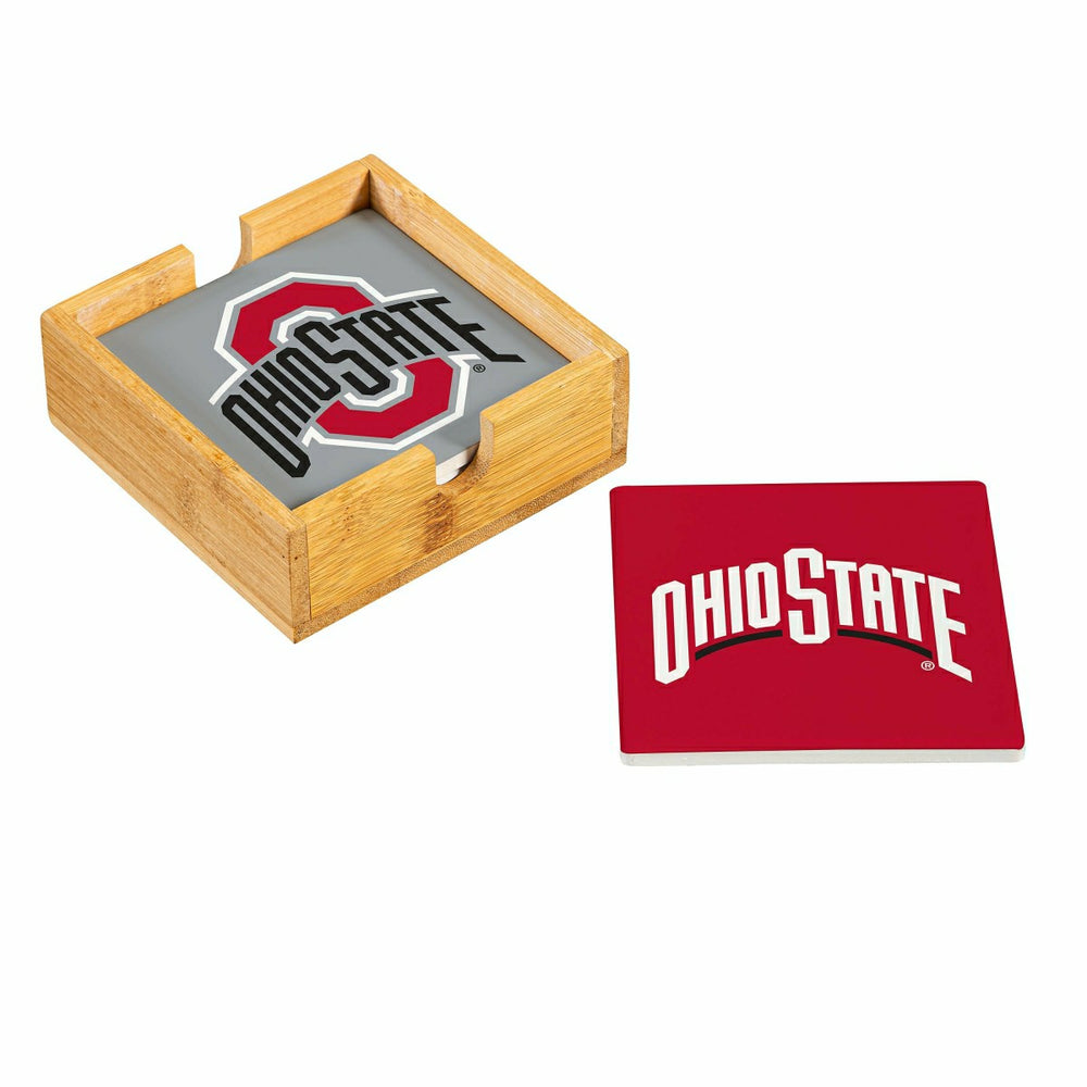 Ohio State University Ceramic Coasters Set, 4pcs with Wood Caddy - Collegiate