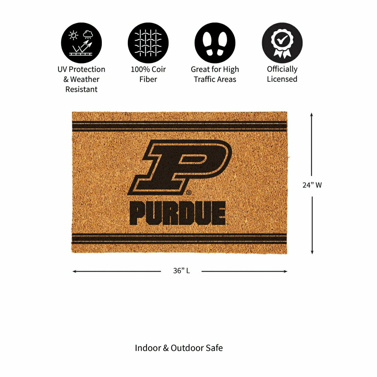 Purdue University Large One Color Coir Mat, 36"x24" - Collegiate