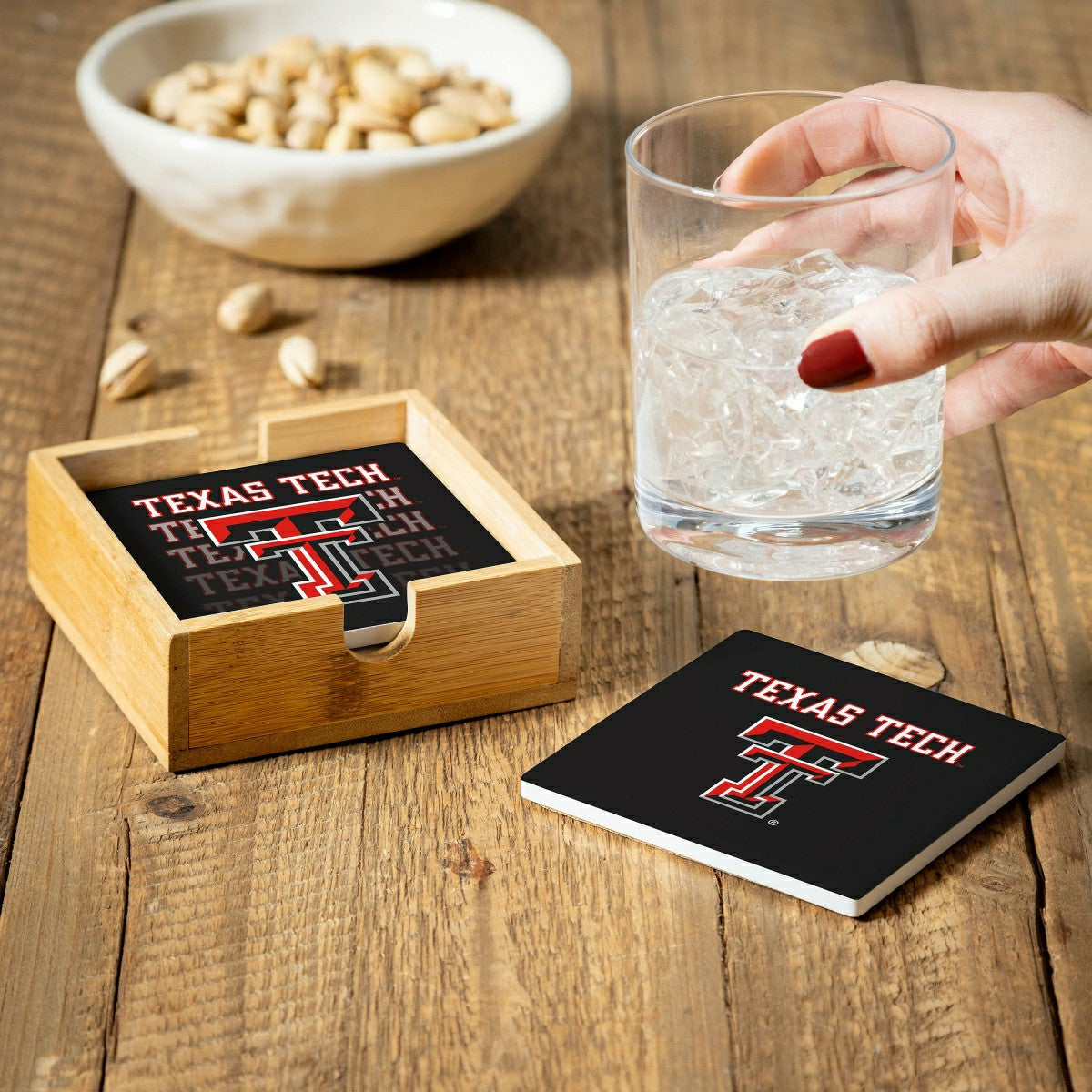 Texas Tech University Ceramic Coasters Set, 4pcs with Wood Caddy - Collegiate Home