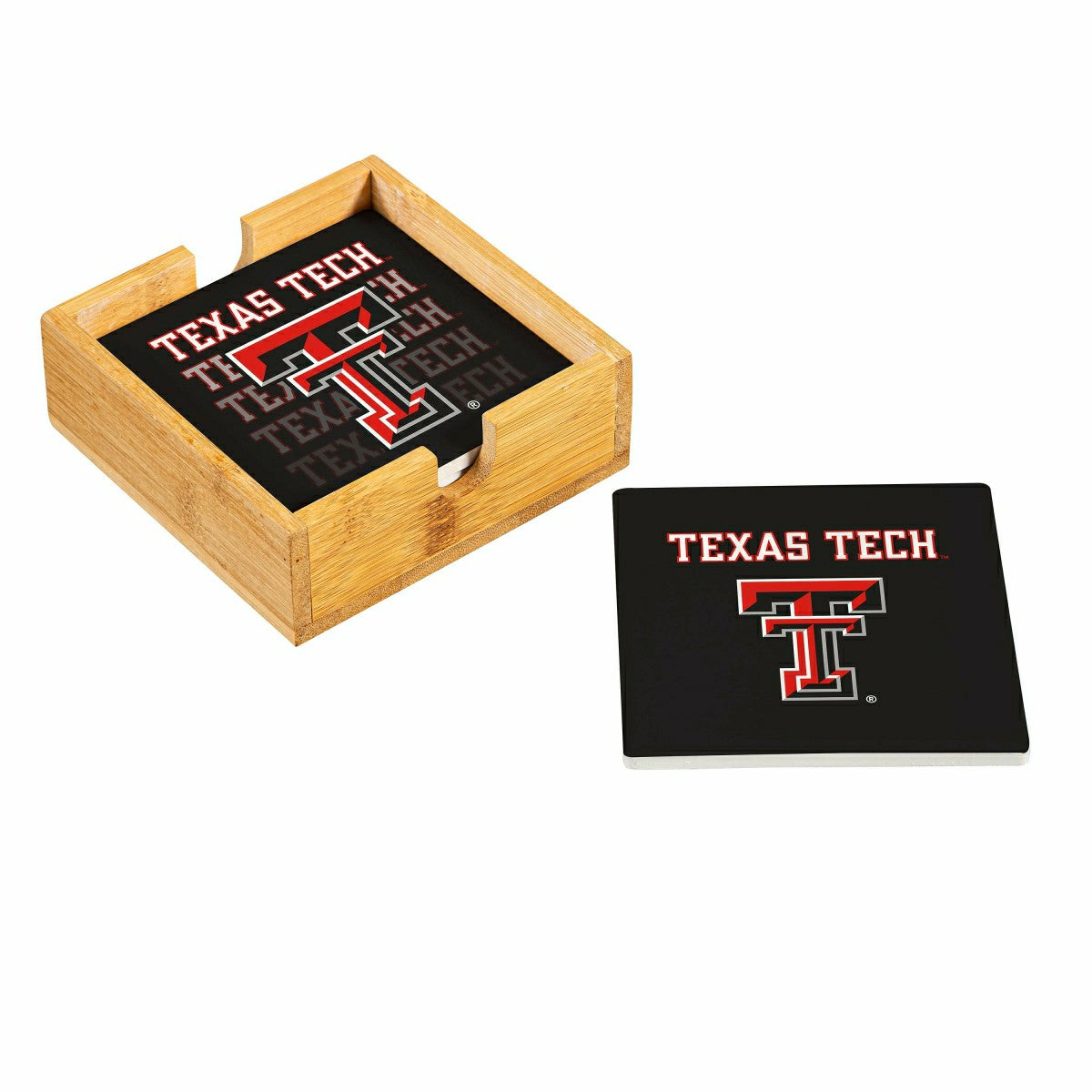 Texas Tech University Ceramic Coasters Set, 4pcs with Wood Caddy - Collegiate Home