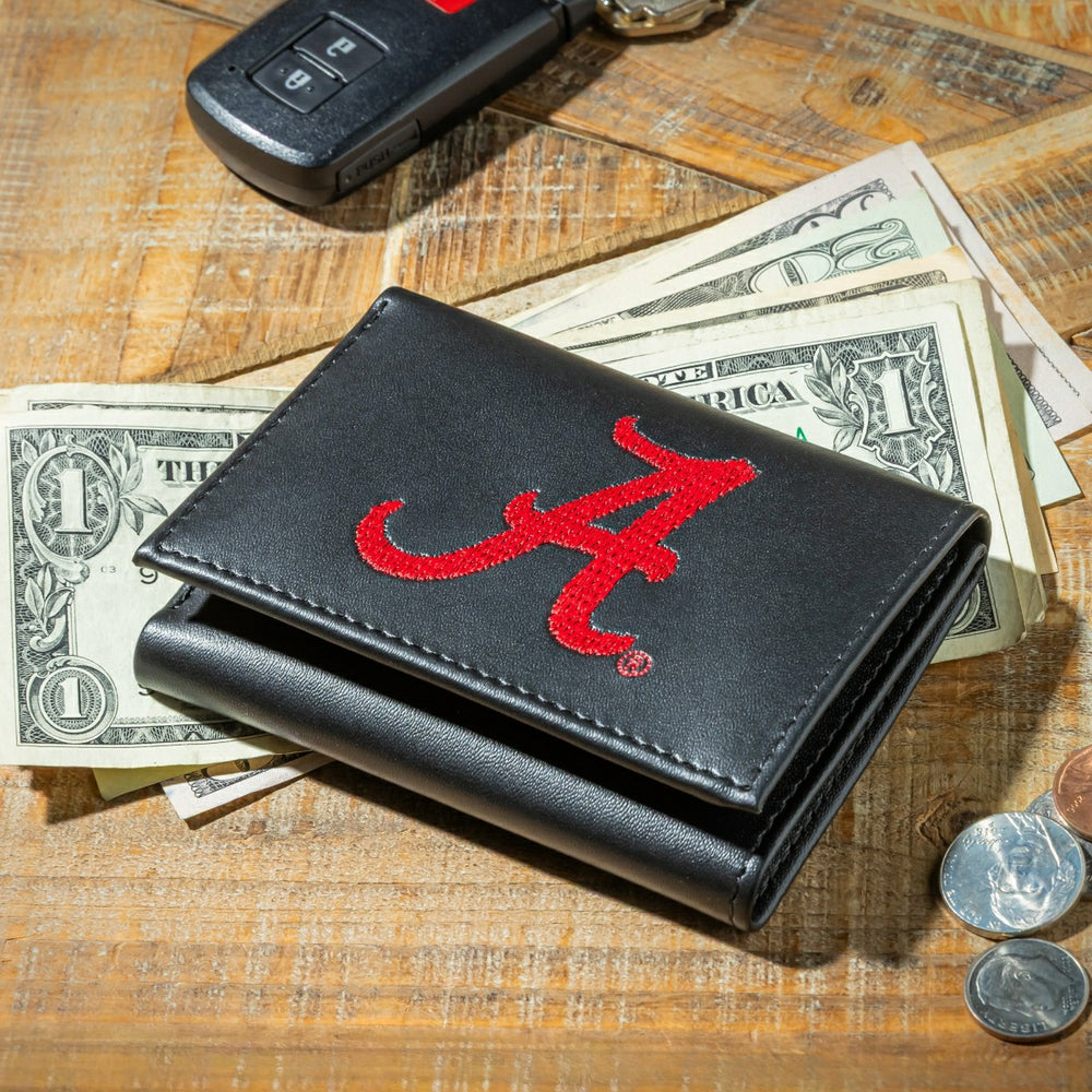University of Alabama Black Tri-Fold Embroidered Wallet w/ RFID Blocking - Collegiate Home