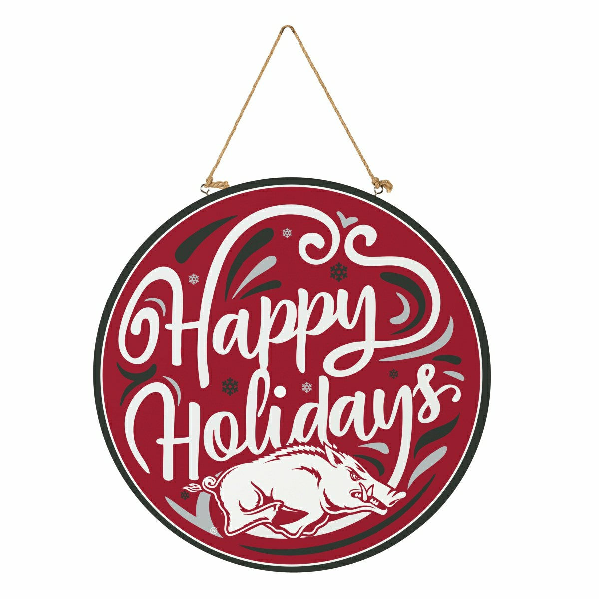 University of Arkansas Holiday Round Door Décor with Hanging Rope, 18x - Collegiate Home