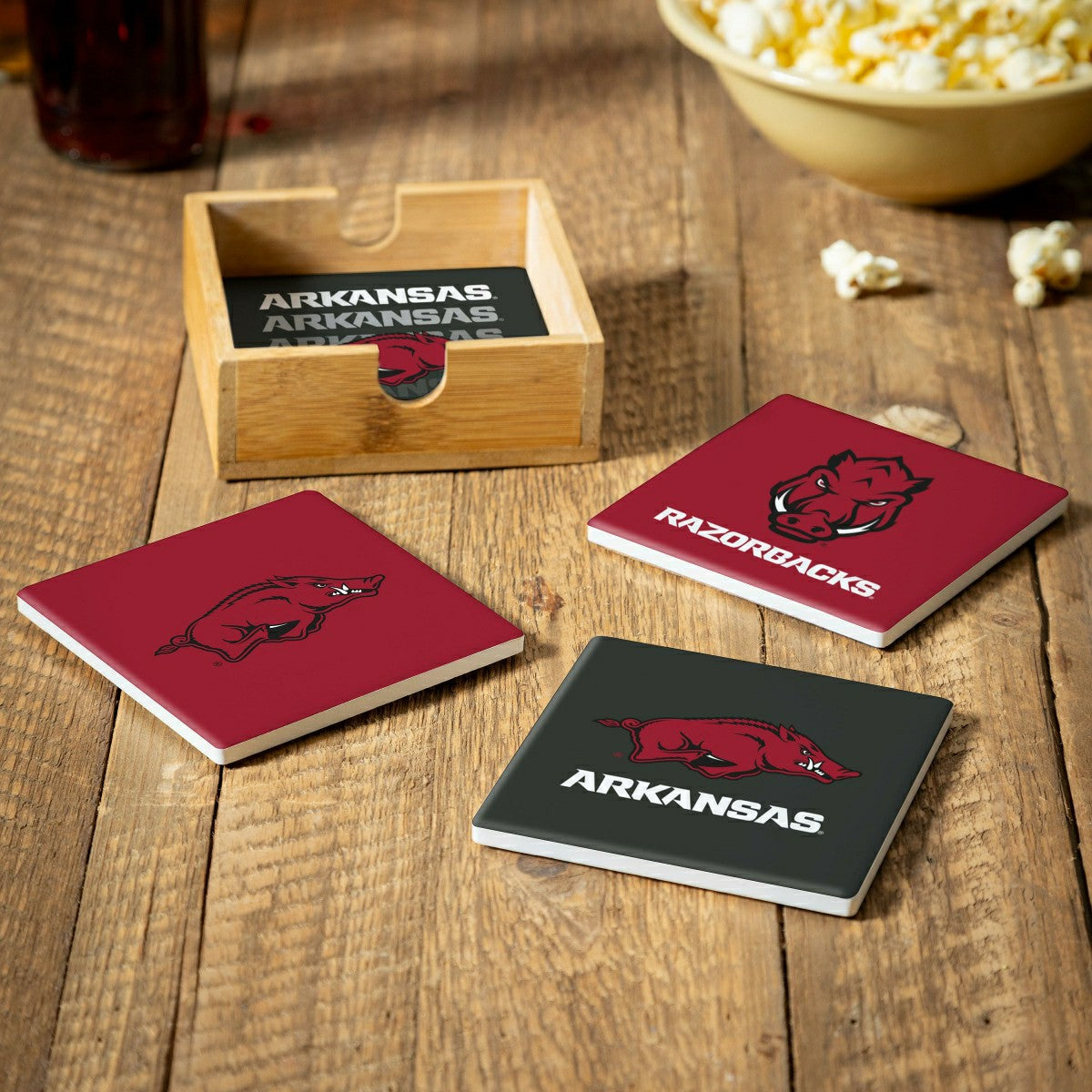 University of Arkansas Ceramic Coasters Set, 4pcs with Wood Caddy - Collegiate Home