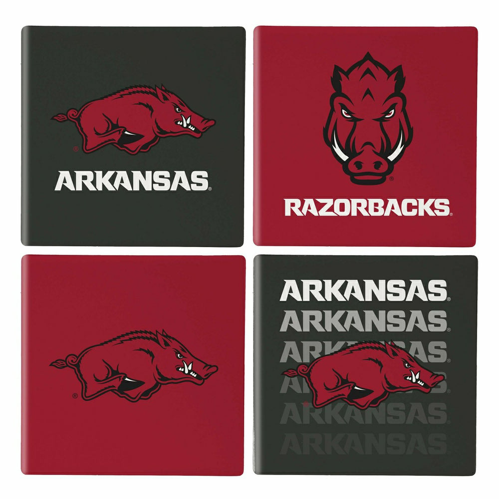 University of Arkansas Ceramic Coasters Set, 4pcs with Wood Caddy - Collegiate Home