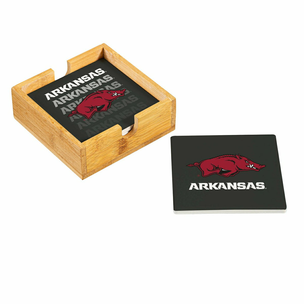 University of Arkansas Ceramic Coasters Set, 4pcs with Wood Caddy - Collegiate Home