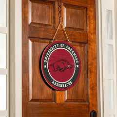 University of Arkansas Round Door Décor with Hanging Rope, 18x18 - Collegiate Home