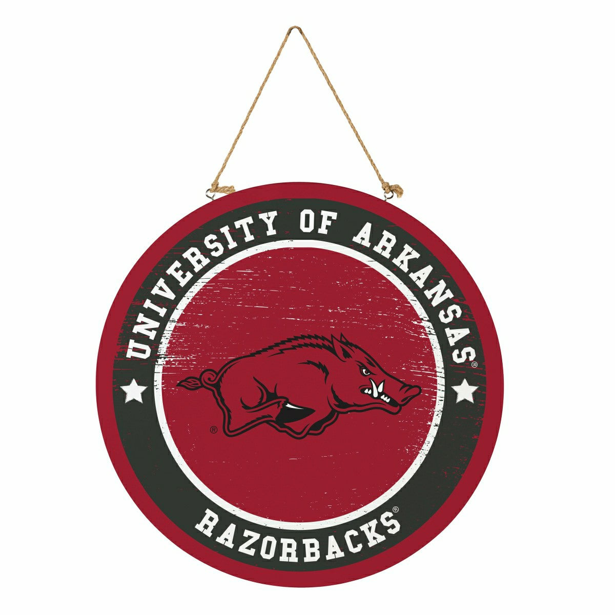 University of Arkansas Round Door Décor with Hanging Rope, 18x18 - Collegiate Home