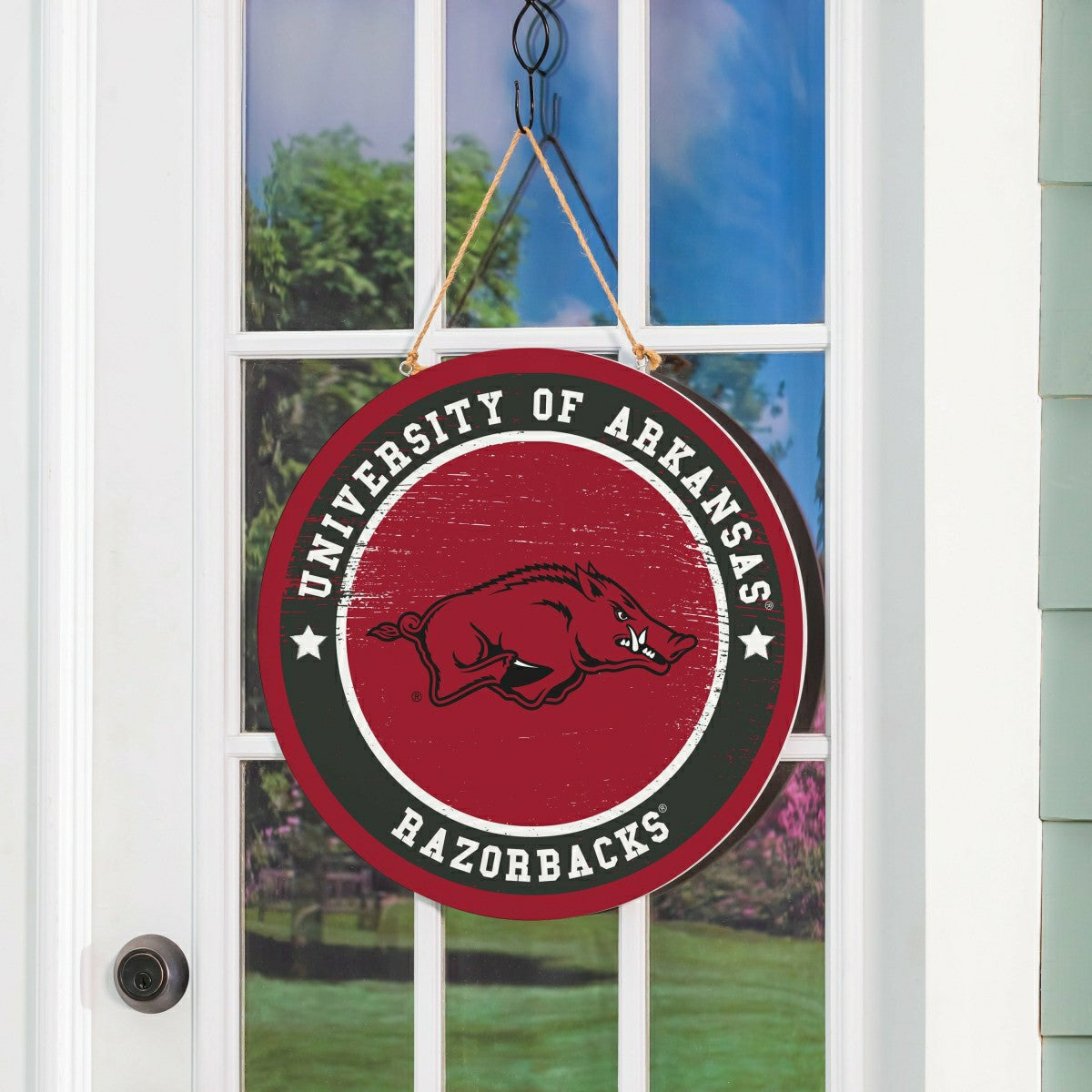 University of Arkansas Round Door Décor with Hanging Rope, 18x18 - Collegiate Home