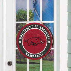 University of Arkansas Round Door Décor with Hanging Rope, 18x18 - Collegiate Home