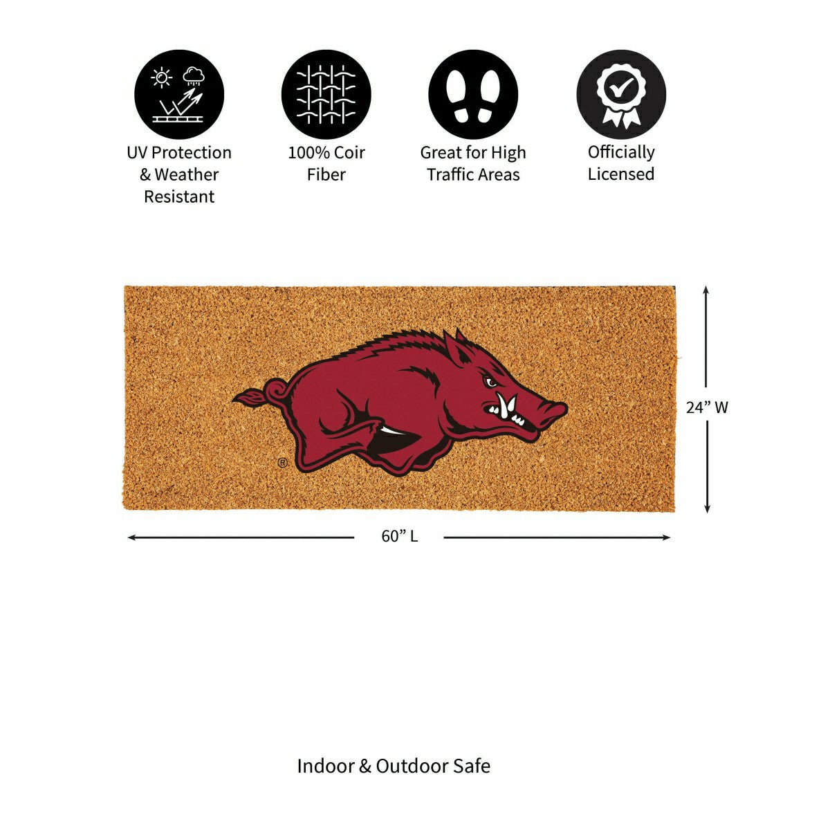 University of Arkansas Extra Large Full Color Coir Mat, 60"x24" - Collegiate