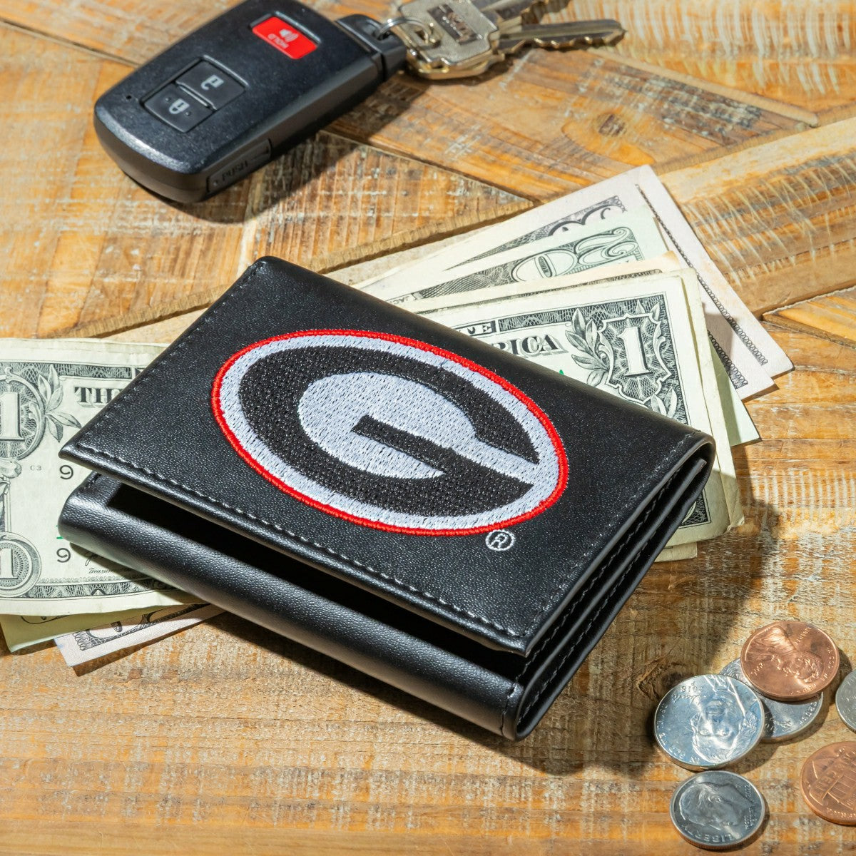 University of Georgia Black Tri-Fold Embroidered Wallet w/ RFID Blocki - Collegiate Home