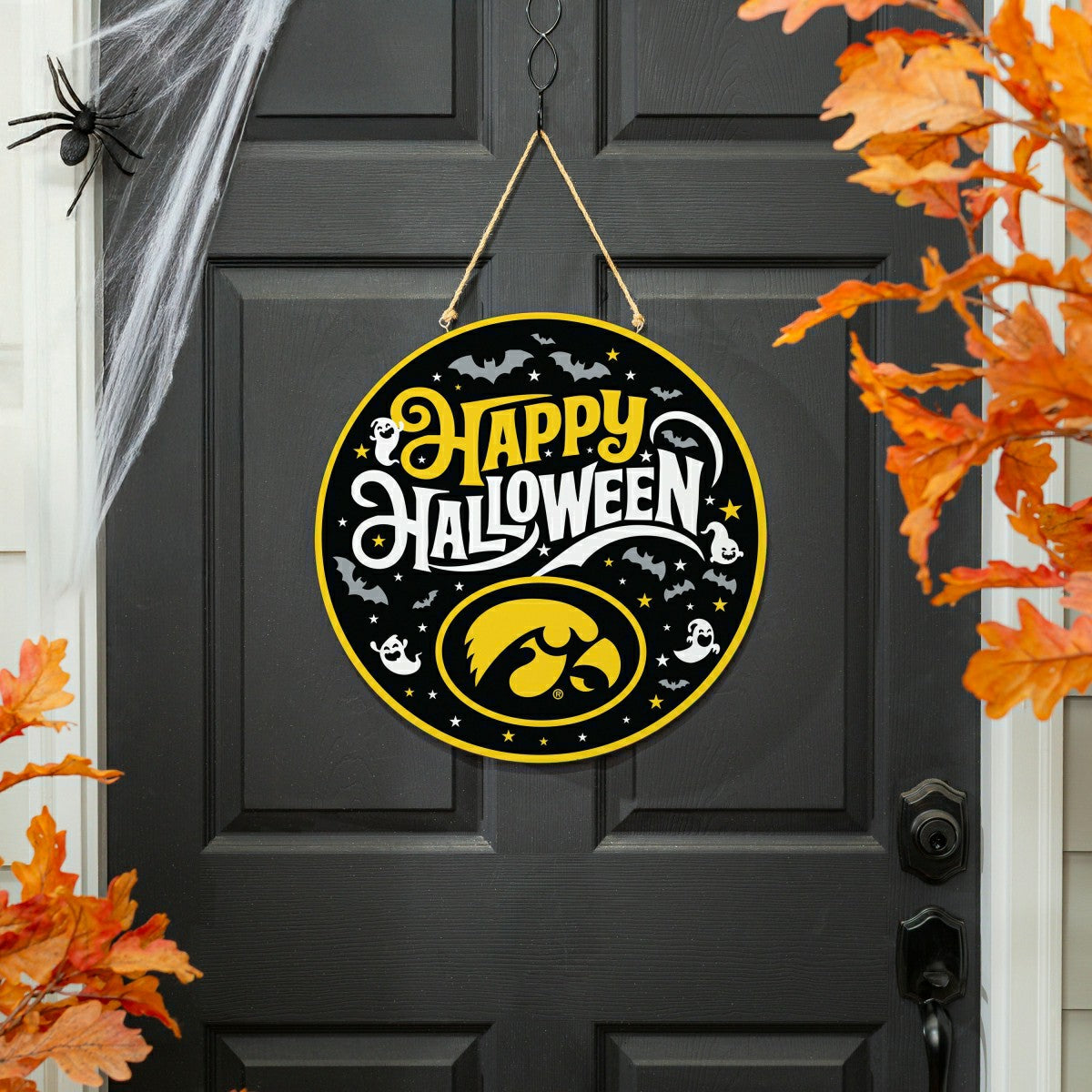 University of Iowa Halloween Round Door Décor with Hanging Rope, 18x18 - Collegiate Home