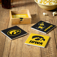 University of Iowa Ceramic Coasters Set, 4pcs with Wood Caddy - Collegiate Home